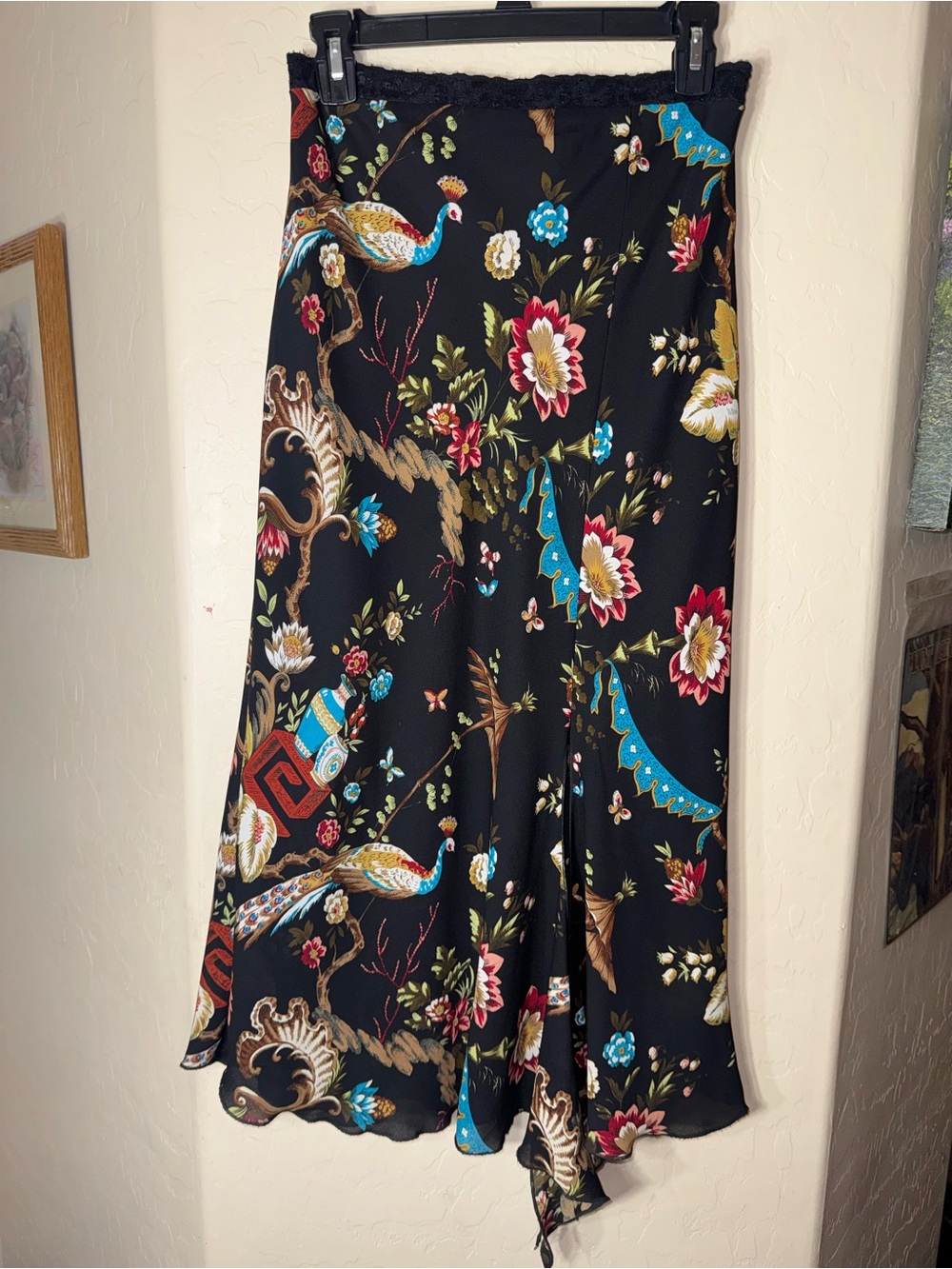 Dress-U by Sharon Black Floral Peacock Midi Skirt Asymmetrical Hem Size 8